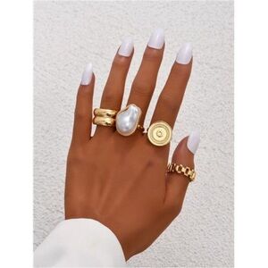 4-Piece Faux Pearl Gold Tone Ring Set